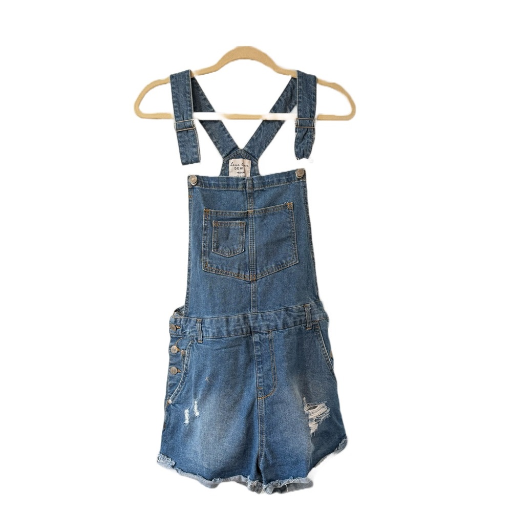 Love Tree Distressed Denim Cut Off Overalls Medium Blue Wash Size M